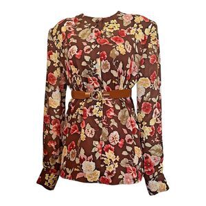 Vintage 1990s Y2K Floral Cottagecore Pink & Brown Career Tunic blouse